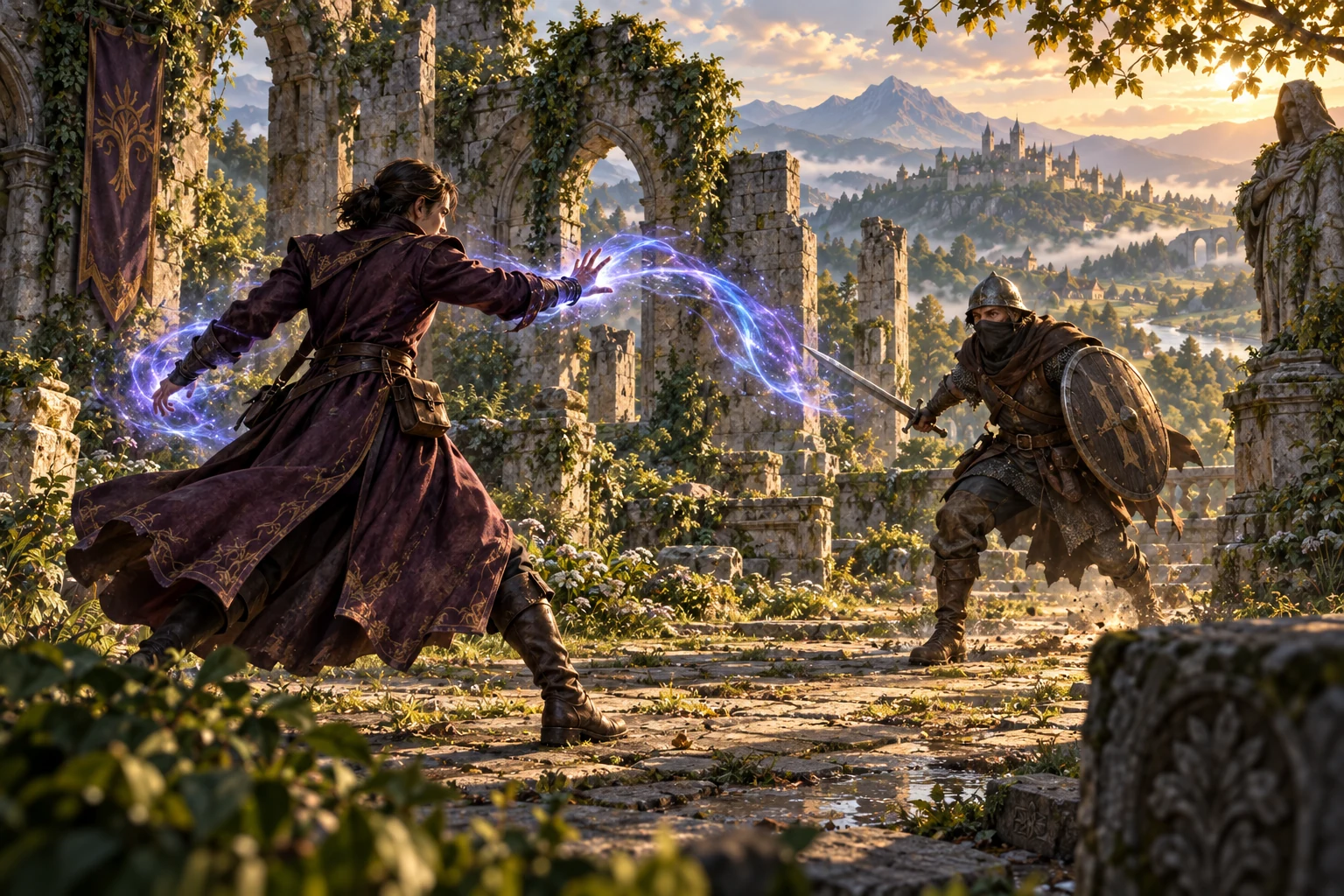 Concept artwork of sword and spell combat in Everveil